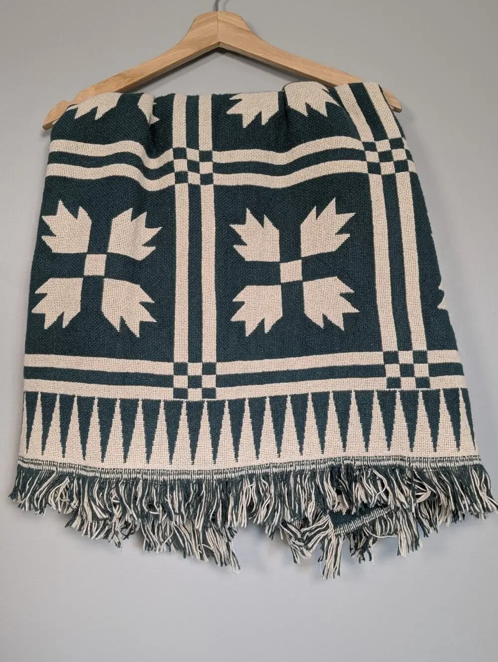 Antique Style Woven Coverlet Throw Teal Green Cabin Americana Blanket